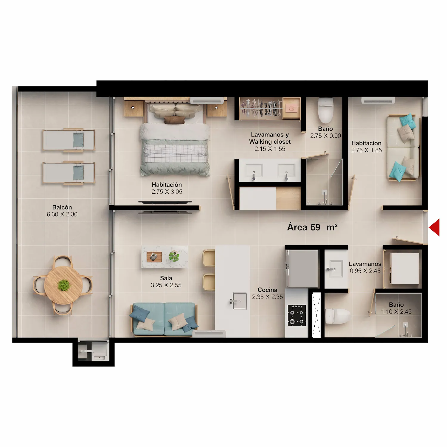 Plano apartamento puerto gaira 69m2